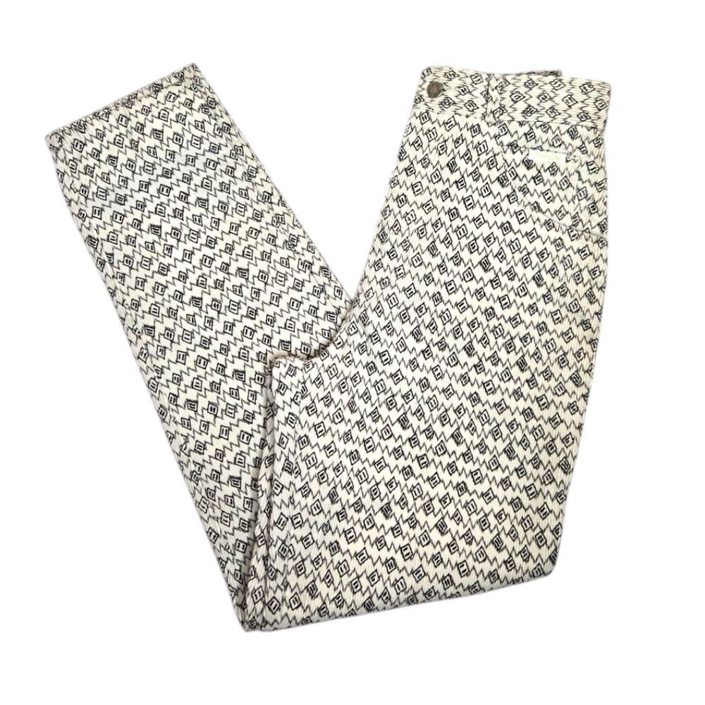 VINTAGE 80s white printed high waist corduroy straight leg pants S